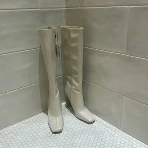 Zara Style Cream Knee-High Boots | Square Toe Block Heel | Minimal Chic Size 10